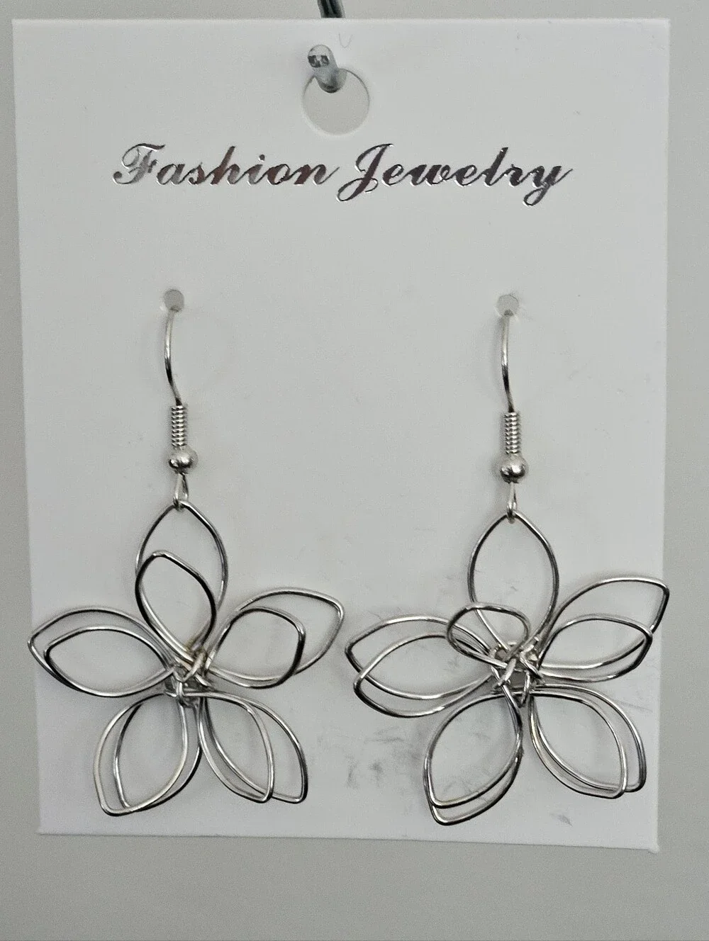 Silver Flower, 3D, Wire Drop Earrings, NWT